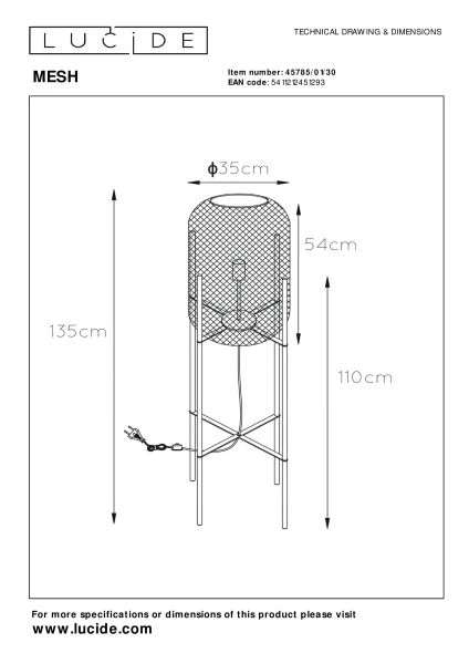 Lucide MESH - Lampadaire - Ø 35 cm - 1xE27 - Noir - technique